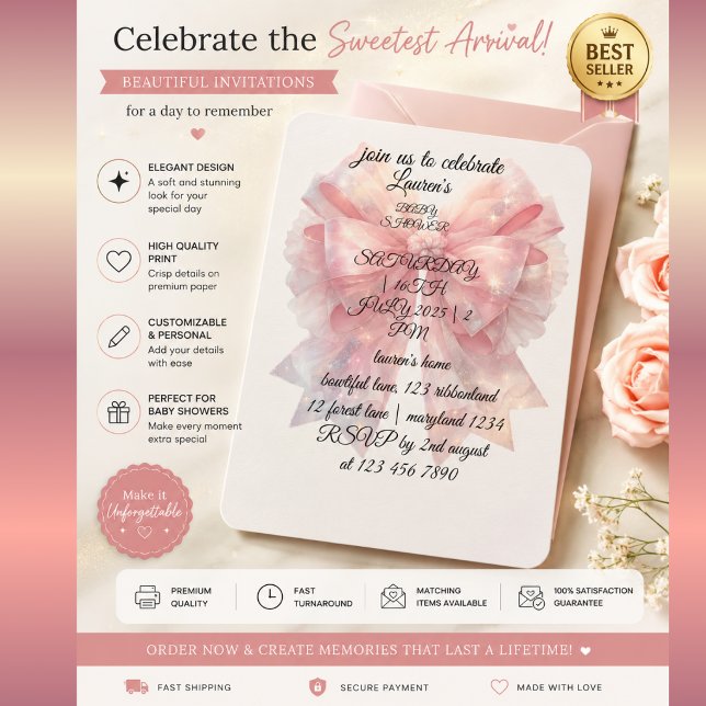 Convite de Chás de Bebê com Laço Rosa Luxuoso | Fe (Criador carregado)