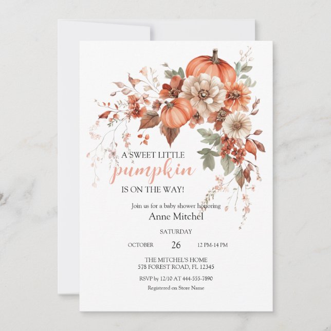 Convite de Chás de Bebê com Laço Rosa Pequena Abób (Frente)