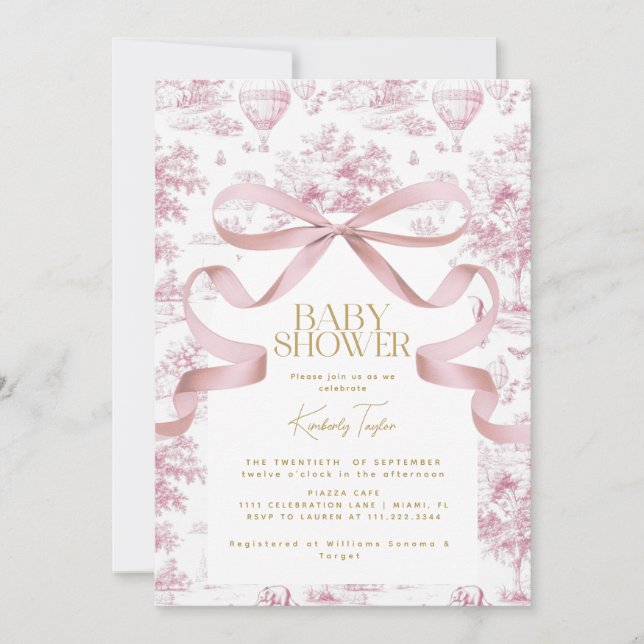 Convite de Chás de Bebê com Laço Rosa Toile De Jou (Frente)