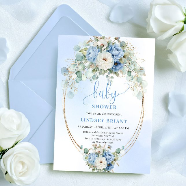 Convite de Chás de Bebê com Peônias Azuis Elegante (Elegant Blue Peonies Greenery Baby Shower Invite

)