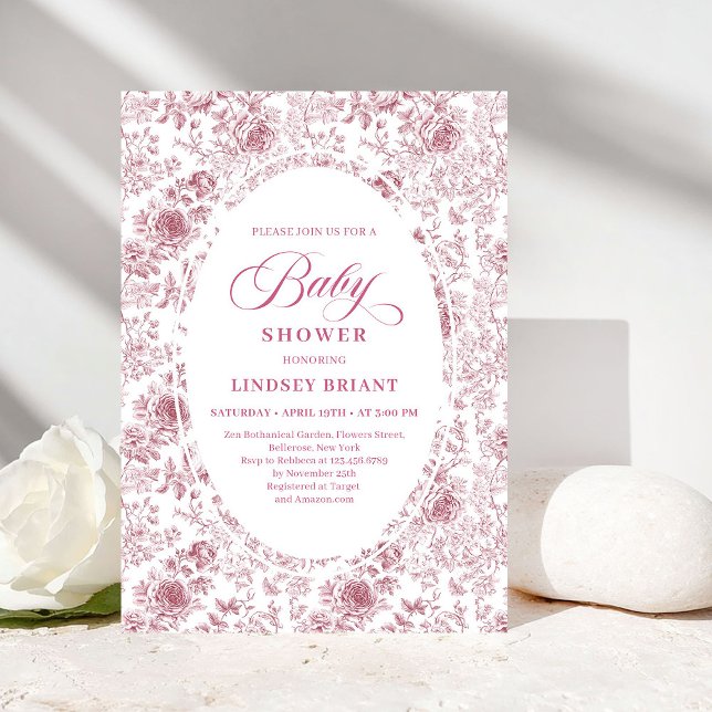 Convite de Chás de Bebê com Toile Floral Clássico  (Classic Floral Toile Roses Baby Shower Invitation)