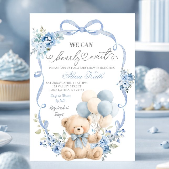 Convite de Chás de Bebê Coquette Arco de Urso Azul (Criador carregado)