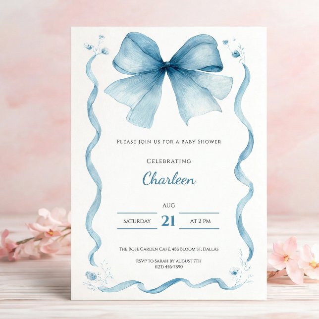 Convite de Chás de Bebê Coquette com Laço Azul (Criador carregado)