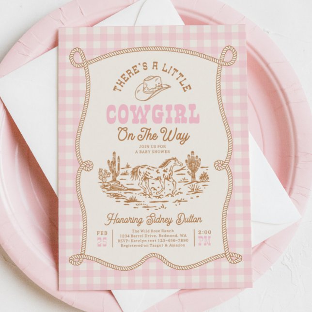 Convite de Chás de Bebê Cowgirl com Xadrez Rosa (Criador carregado)