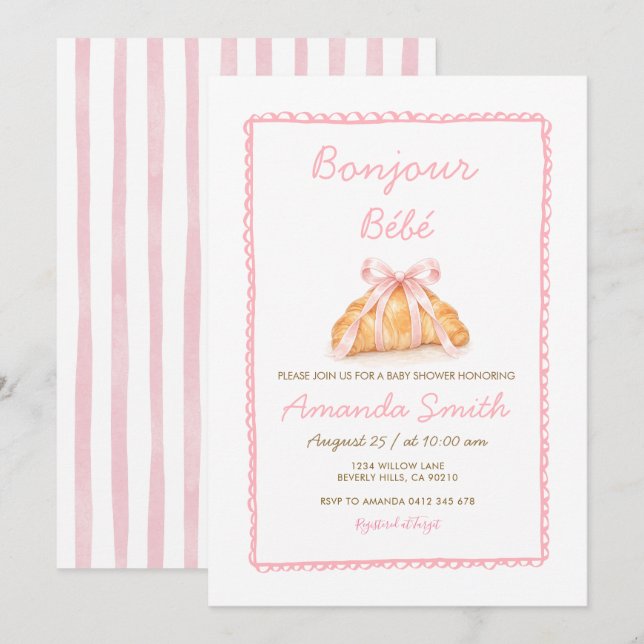 Convite de Chás de Bebê Croissant Francês Rosa & L (Frente/Verso)