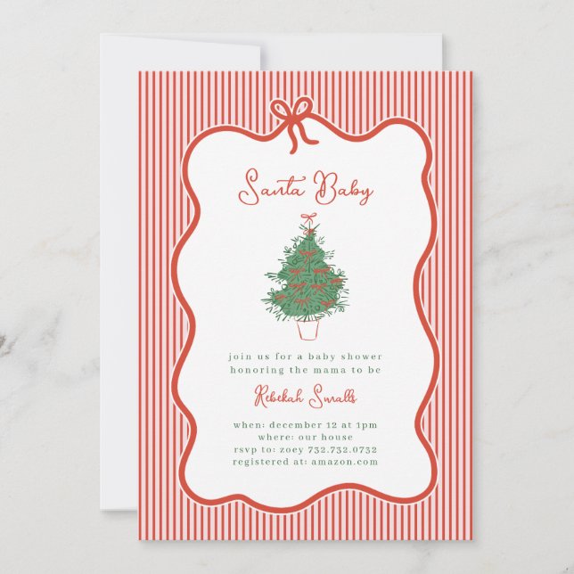 Convite de Chás de Bebê da Mamãe Noel com Laço Pré (Frente)