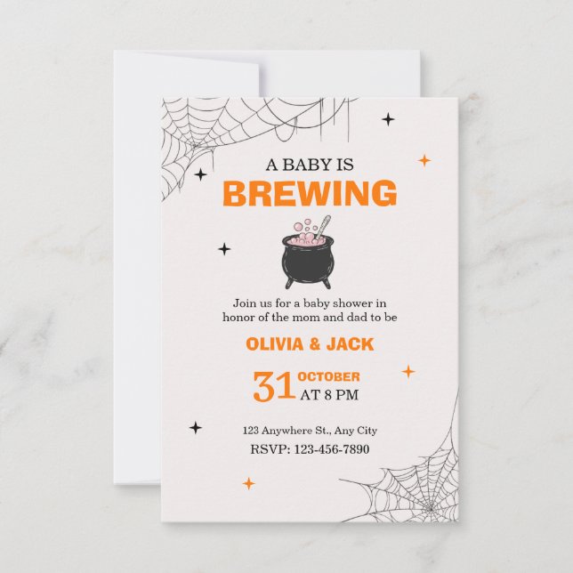Convite de Chás de Bebê de Halloween Baby is Brewi (Frente)