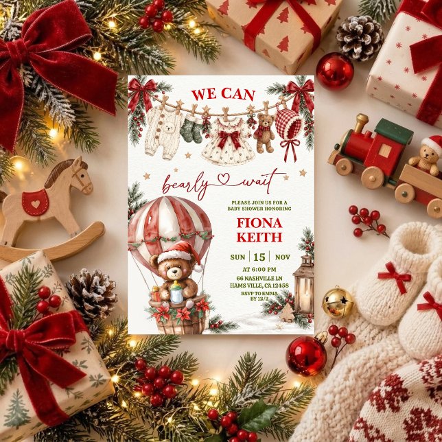 Convite de Chás de Bebê de Natal | Urso de Pelúcia (Criador carregado)
