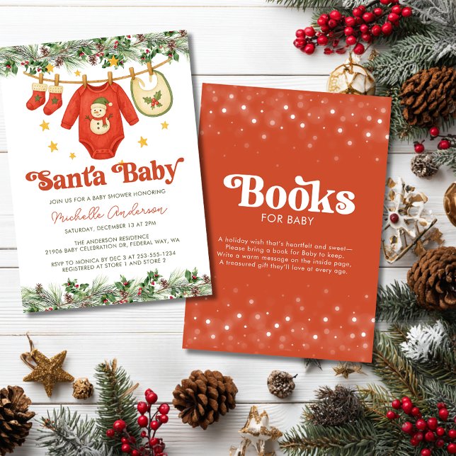 Convite de Chás de Bebê e Pedido de Livro de Roupi (Christmas Clothesline Baby Shower and Book Request Invitation)