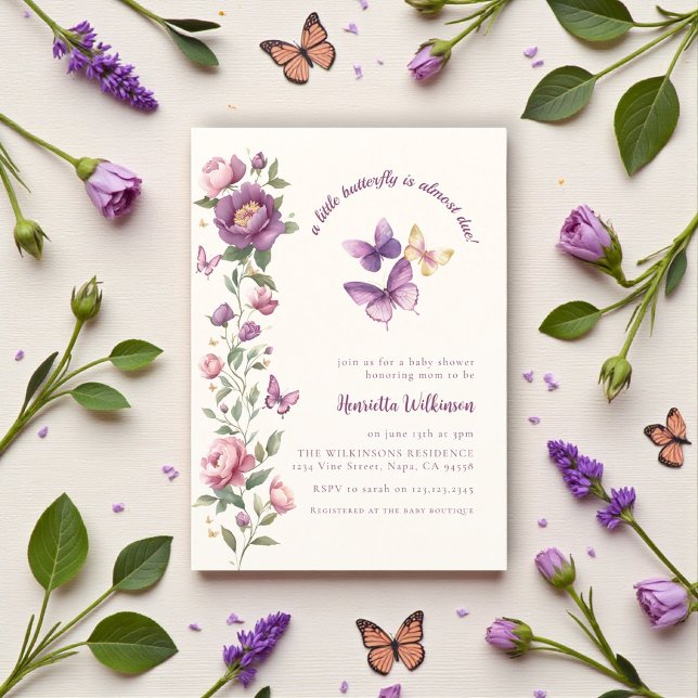 Convite de Chás de Bebê Elegante Borboleta Lavanda (Criador carregado)