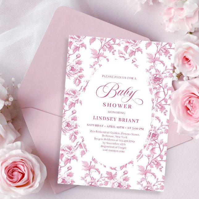 Convite de Chás de Bebê Elegante Francês Toile Ros (Elegant French Toile Roses Pink Baby Shower Invitation)
