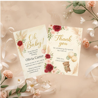 Convite de Chás de Bebê Elegante Oh Baby com Urso 