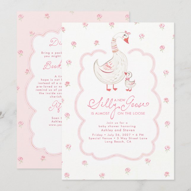 Convite de Chás de Bebê Elegante Rosa Silly Goose  (Frente/Verso)