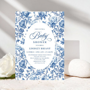 Convite de Chás de Bebê Elegante Toile de Jouy Azu