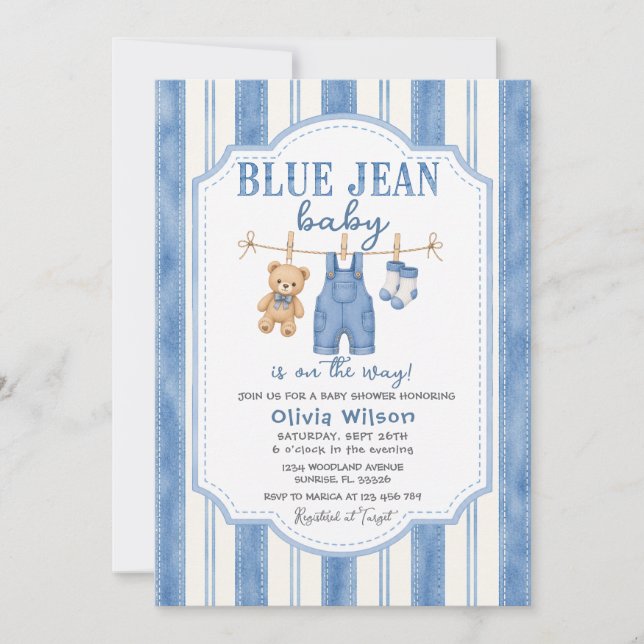 Convite de Chás de Bebê em Denim Blue Jean (Frente)