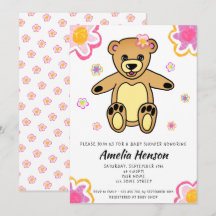 Convite de Chás de Bebê Flor Menina Urso de Pelúci