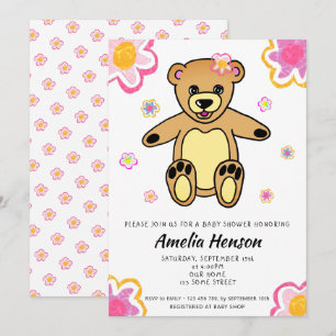 Convite de Chás de Bebê Flor Menina Urso de Pelúci