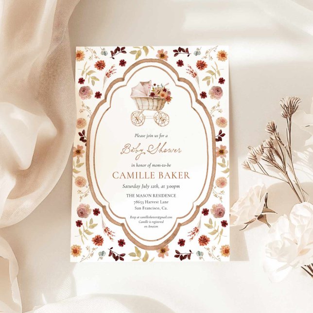 Convite de Chás de Bebê Floral Burgundy Outono Rús (Rustic Watercolor Fall Floral Baby Shower Invitation )