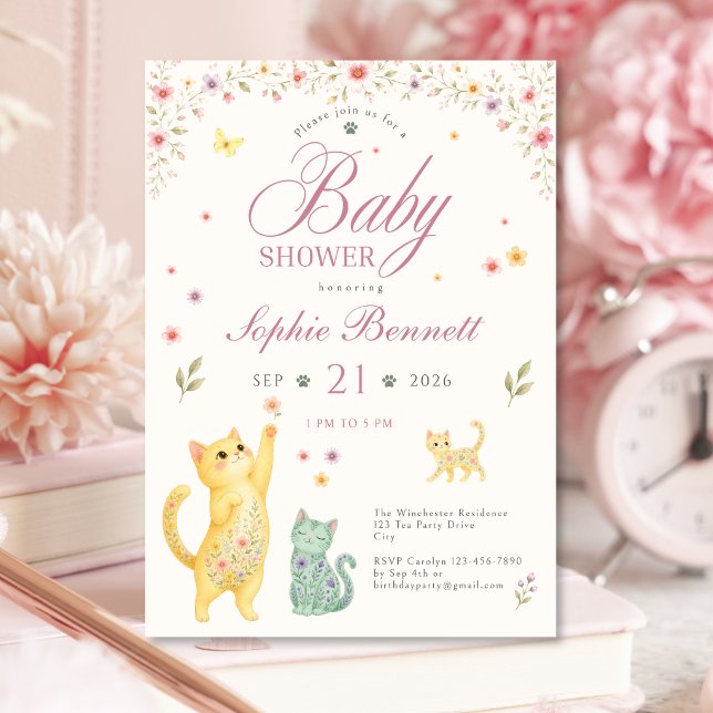 Convite de Chás de Bebê Floral com Gatos para Meni (Floral Cat Baby Shower Invitation for Girls)