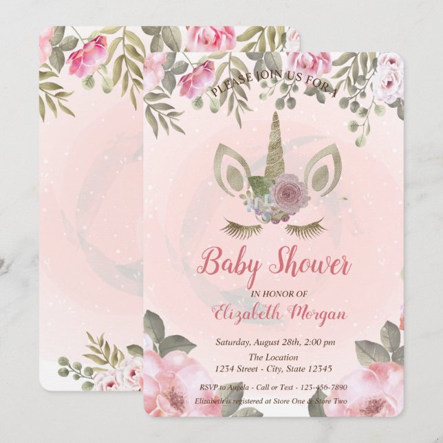 Convite de Chás de Bebê Floral com Rosto de Unicór (Frente/Verso)