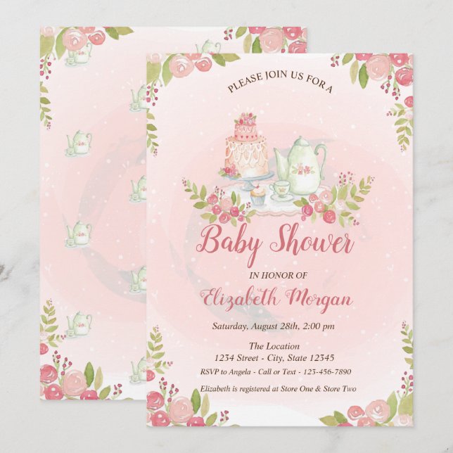 Convite de Chás de Bebê Floral de Bule Elegante (Frente/Verso)