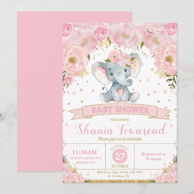 Convite de Chás de Bebê Floral de Elefante Menina (Frente/Verso)