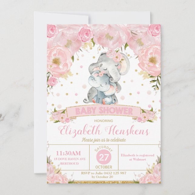 Convite de Chás de Bebê Floral de Elefante Menina (Frente)