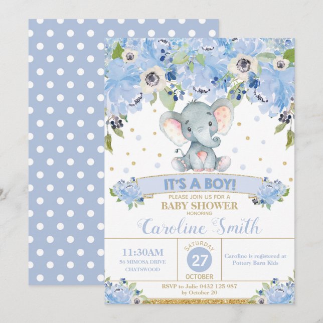Convite de Chás de Bebê Floral Elefante Menino (Frente/Verso)