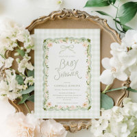 Convite de Chás de Bebê Floral em Xadrez Verde