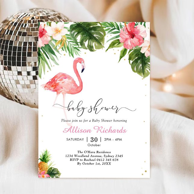 Convite de Chás de Bebê Floral Flamingo (Criador carregado)