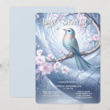 Convite de Chás de Bebê Floral Pássaro Azul