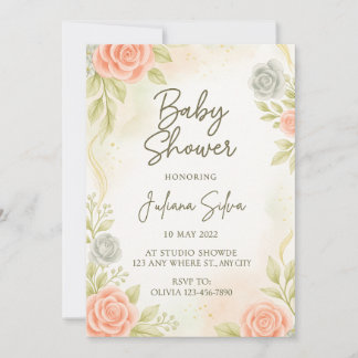 Convite de Chás de Bebê Floral Rosa Elegante 