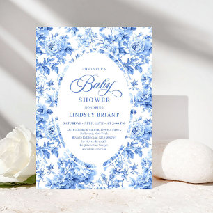 Convite de Chás de Bebê Floral Toile de Jouy Azul