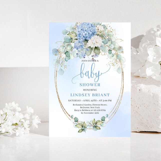 Convite de Chás de Bebê Hortênsias Azuis no Estilo (Garden Style Blue Hydrangeas Baby Shower Invitation)
