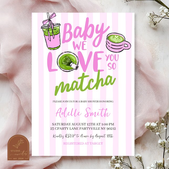 Convite de Chás de Bebê Matcha Moderno com Faixa R (Criador carregado)
