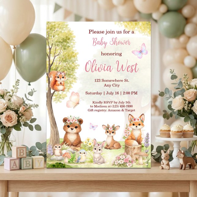Convite de Chás de Bebê Menina Animais da Floresta (Woodland Girl Baby Shower Invitation)