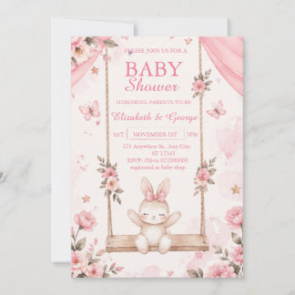 Convite de Chás de Bebê Menina Coelho Boho Rosa