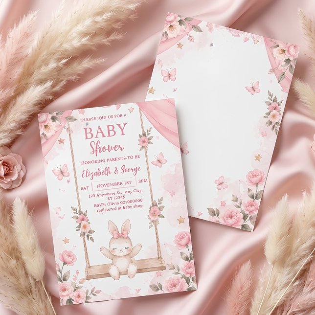 Convite de Chás de Bebê Menina Coelho Boho Rosa (Criador carregado)