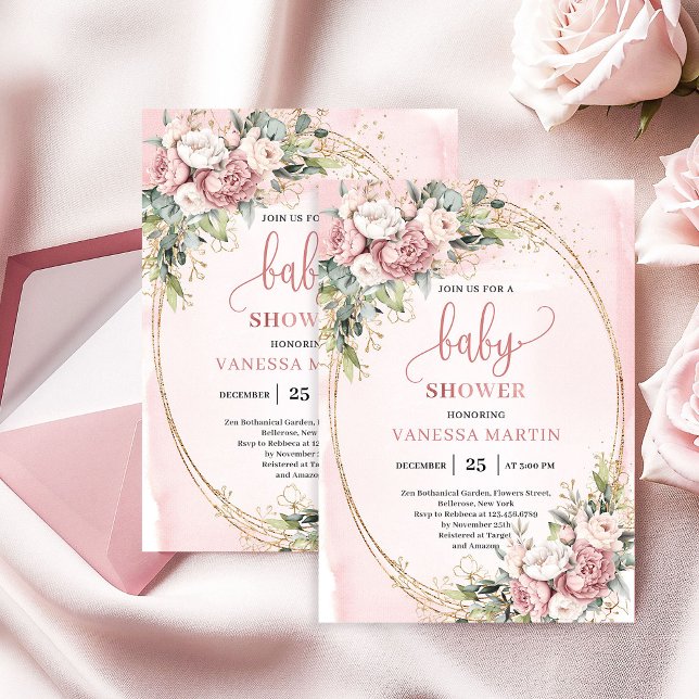 Convite de Chás de Bebê Menina com Flores e Folhag (Rose Gold Floral Greenery Baby Girl Shower Invite)