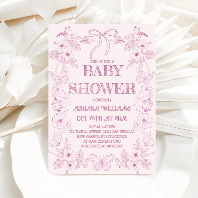 Convite de Chás de Bebê Menina com Toalete Rosa Fl (Criador carregado)