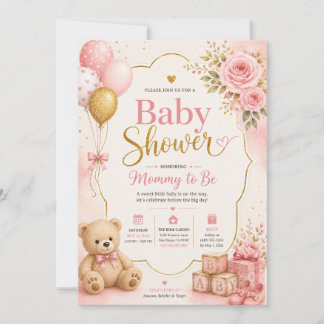 Convite de Chás de Bebê Menina em Rosa e Dourado, 