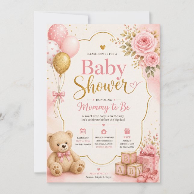 Convite de Chás de Bebê Menina em Rosa e Dourado,  (Frente)