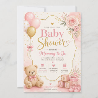 Convite de Chás de Bebê Menina em Rosa e Dourado, 