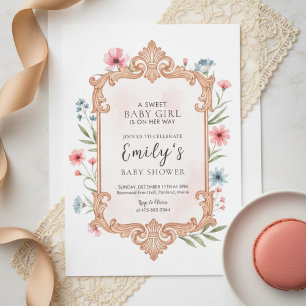 Convite de Chás de Bebê Menina Floral Moldura
