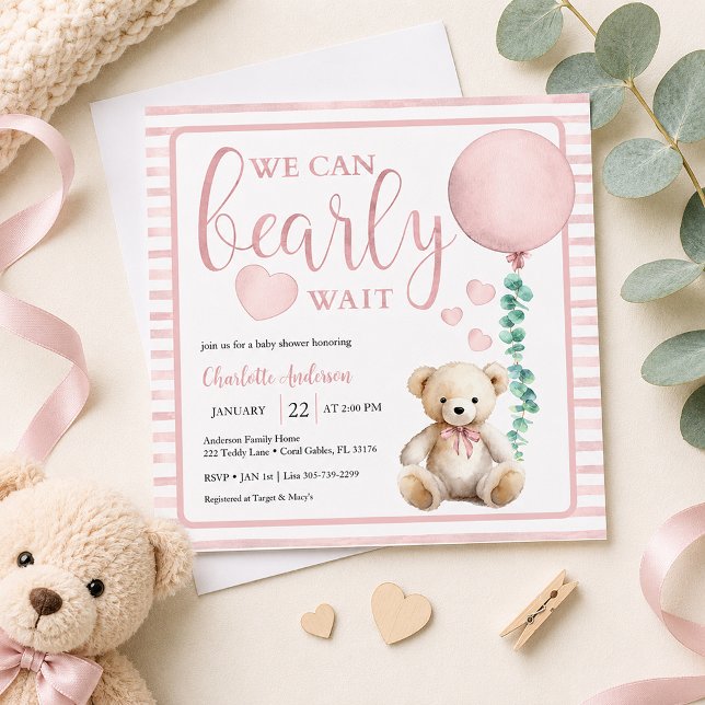 Convite de Chás de Bebê Menina Urso Rosa Mal Pode  (Pink Bearly Wait Baby Shower Invite)