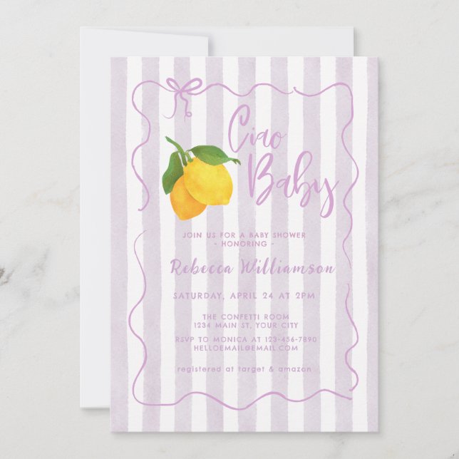Convite de Chás de Bebê Meninas Ciao Baby Lemon Bo (Frente)