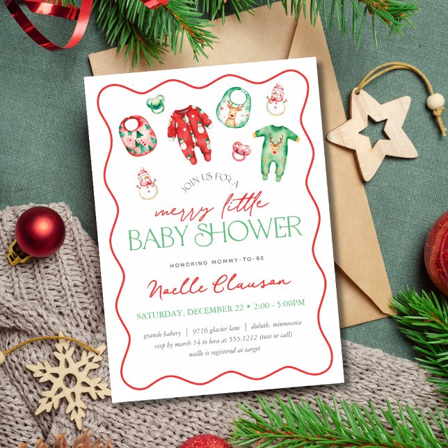 Convite de Chás de Bebê Merry Little Christmas (Cute Red Green Merry Little Christmas Baby Shower Invitation)