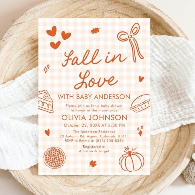 Convite de Chás de Bebê Orange Gingham Desenhado à (Orange Gingham Hand Drawn Fall in Love Baby Shower Invitation)