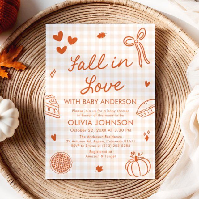 Convite de Chás de Bebê Orange Gingham Desenhado à (Orange Gingham Hand Drawn Fall in Love Baby Shower Invitation)