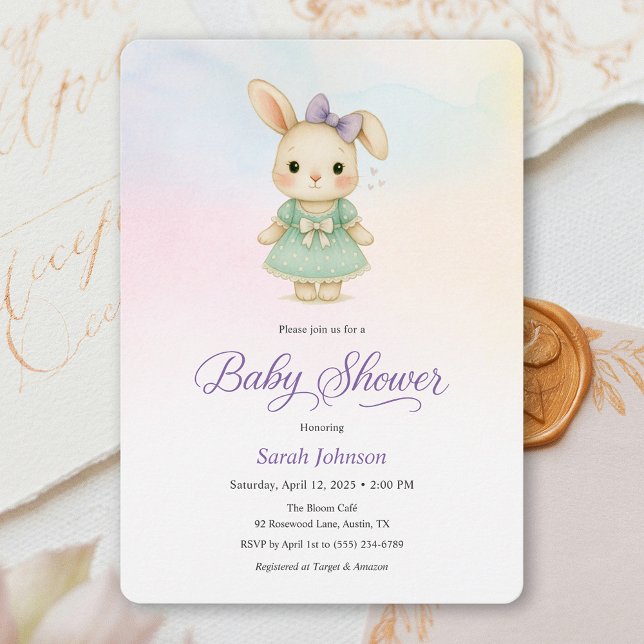 Convite de Chás de Bebê para Menina Coelhinha Roxa (Whimsical Purple Bunny Girl Baby Shower Invite)